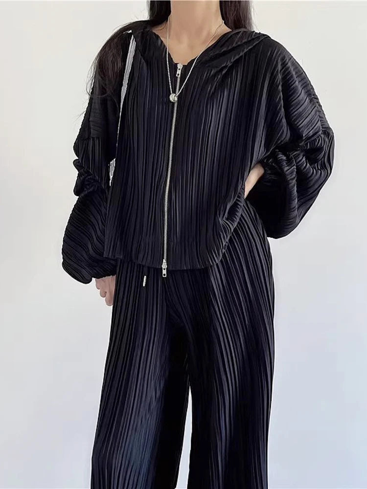 Pleated Two-piece Suits For Women V-neck Hooded Long Sleeve Jacket+High Waist Wide Leg Pants  New Tide Set