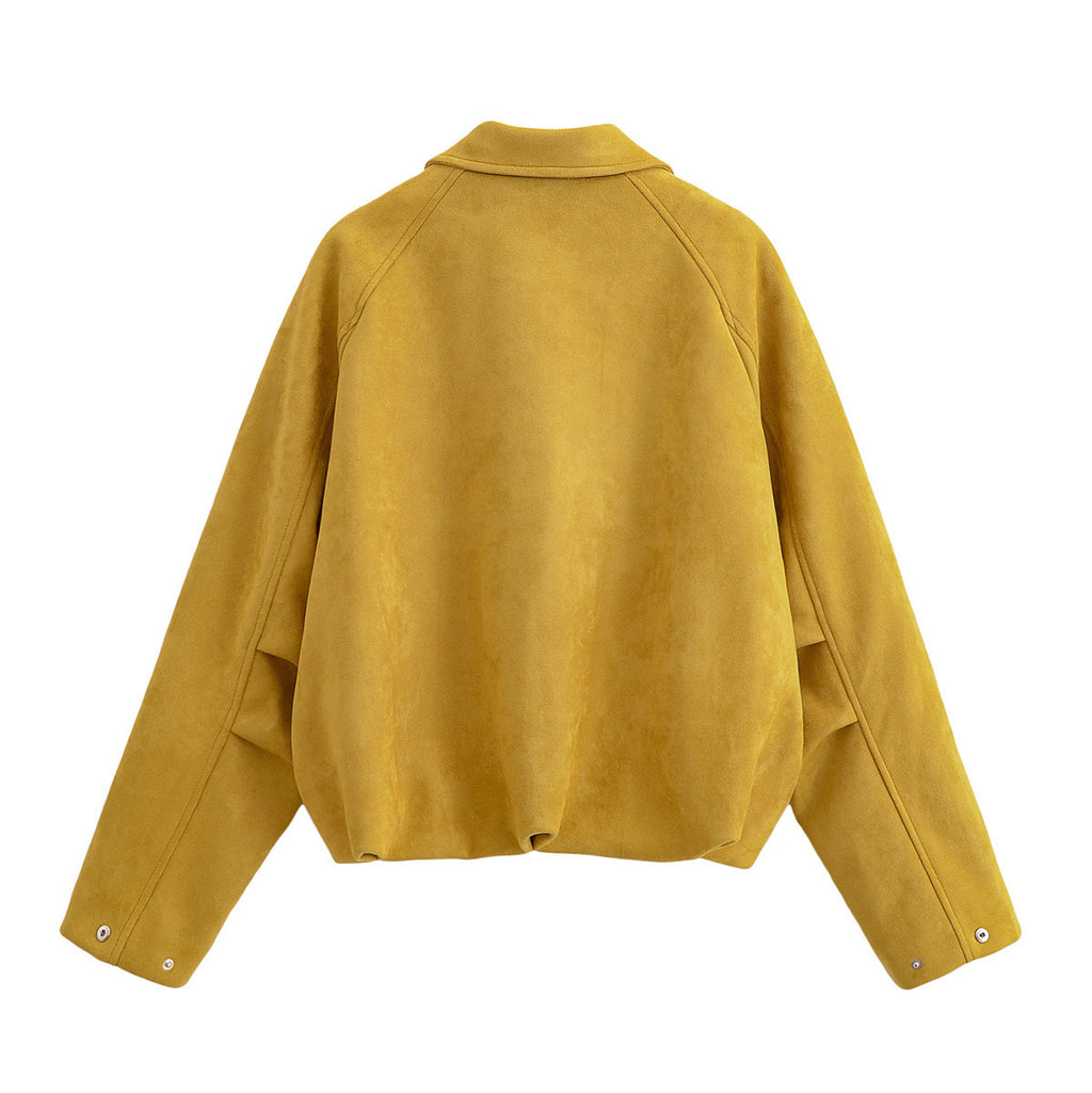 Flip collar suede texture baseball jacket for women