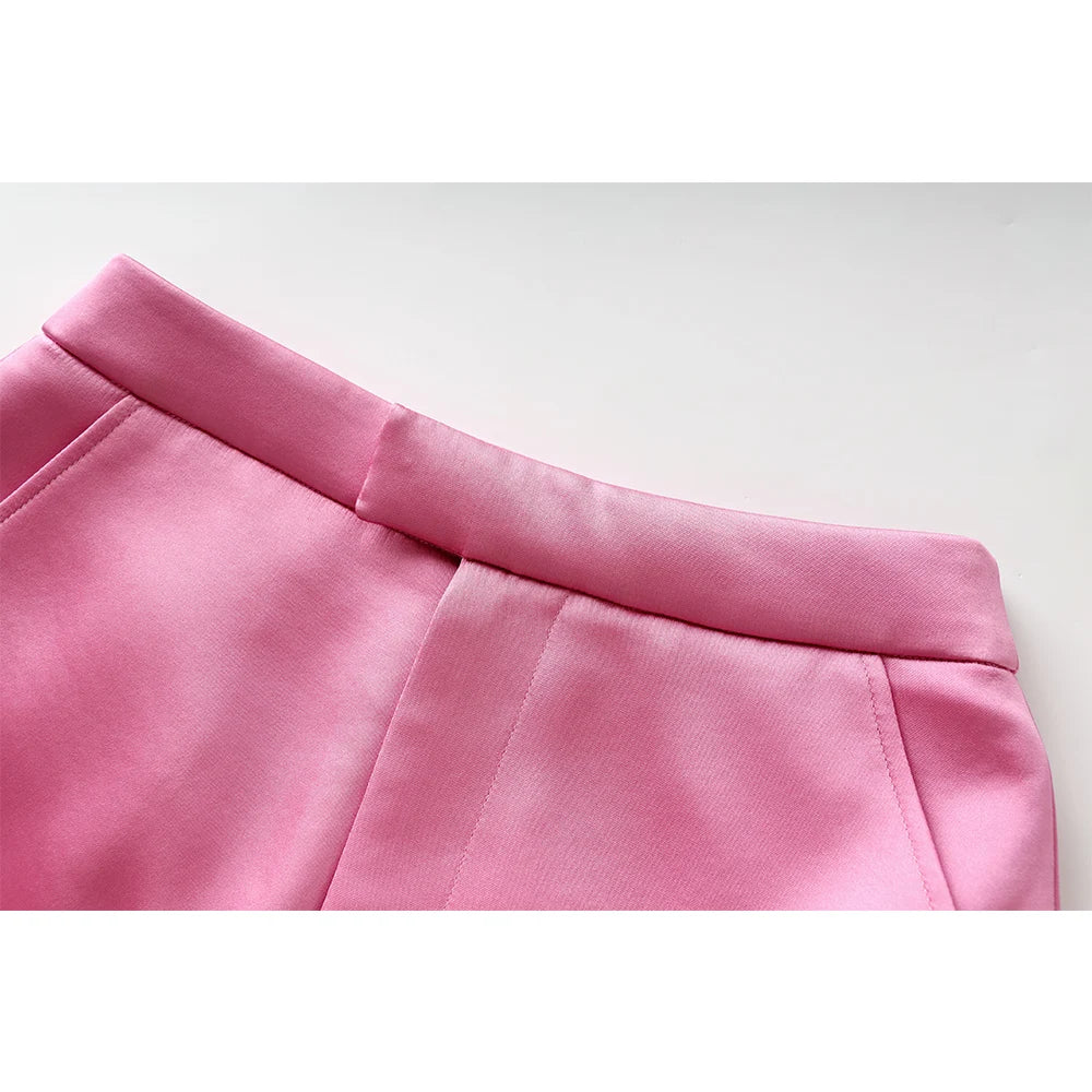 Pink Satin 3PCS Blazer Sets Elegant Mini Skirt Stunning, Top Quality