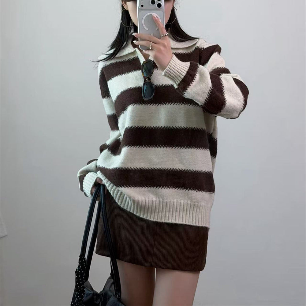 Loose collar contrasting striped pullover sweater for women