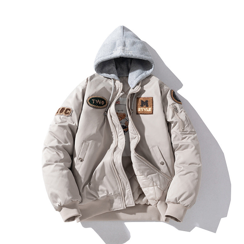 Women Towel Fleece Embroidery Padded Hooded Thick Flight Jacket