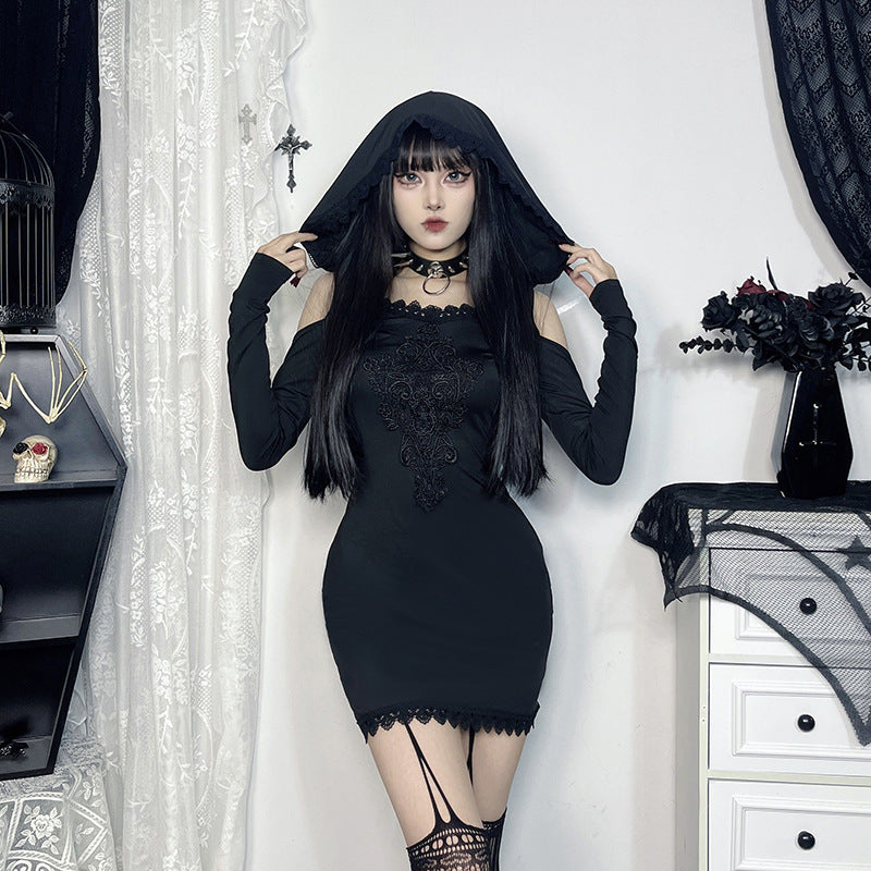 Bodycon Dress with Hood and Lace Trim, Long Sleeve