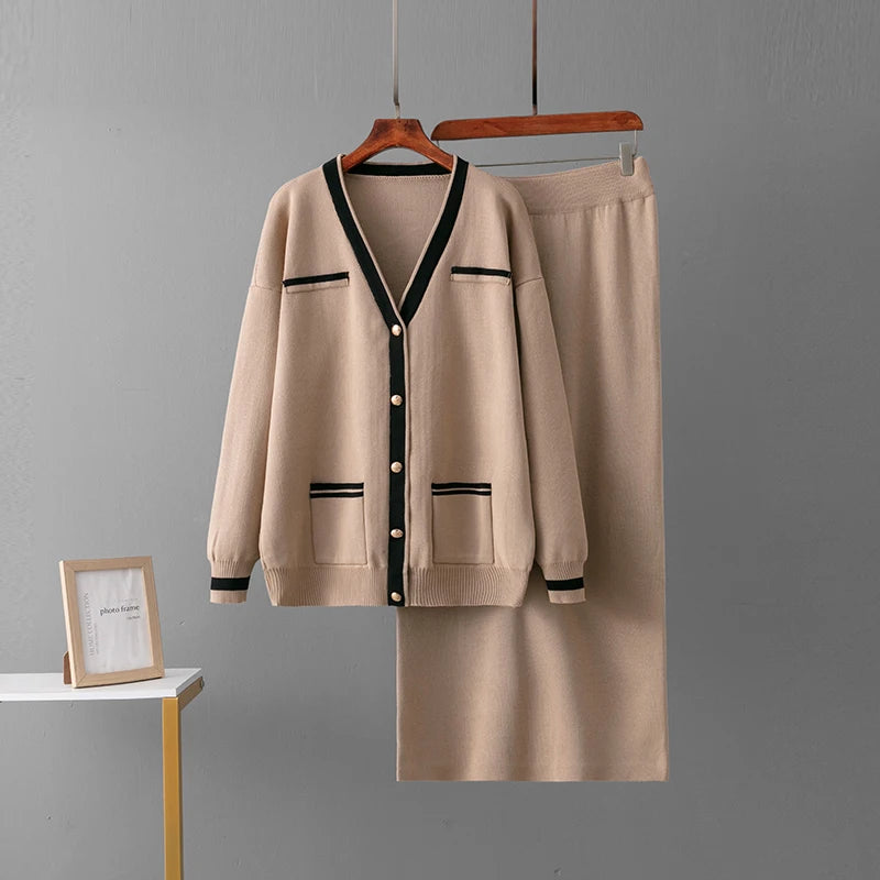 Knitted Skirt Sets, Pockets Cardigan V-Neck Sweaters Skirts Suits