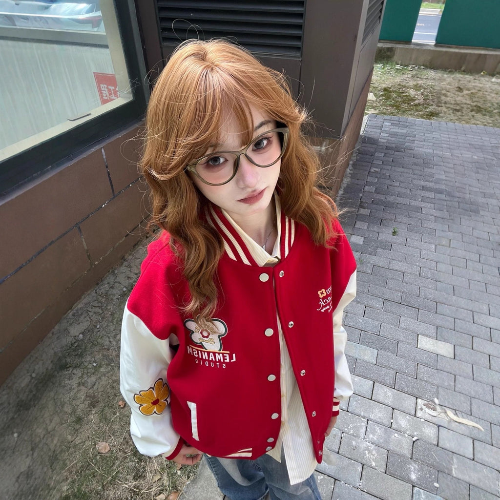 Red Embroidered Baseball Jacket for Women