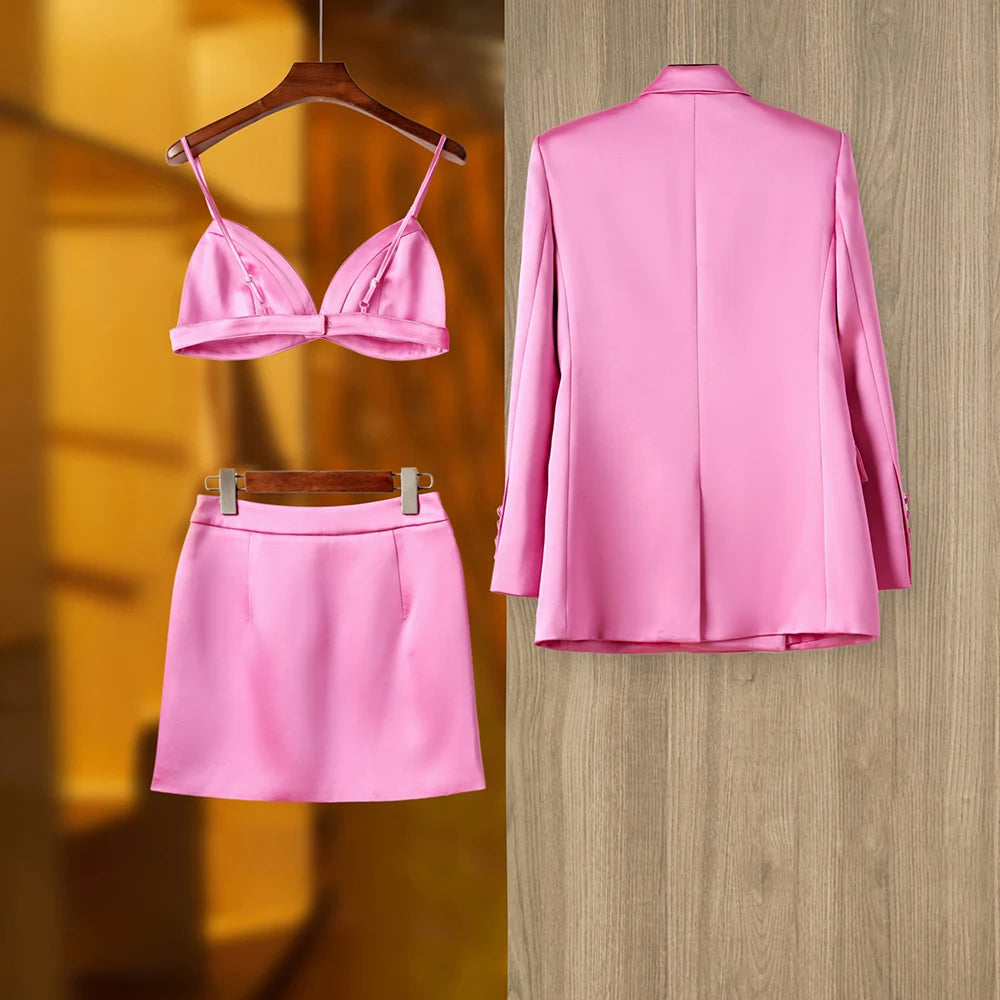 Pink Satin 3PCS Blazer Sets Elegant Mini Skirt Stunning, Top Quality