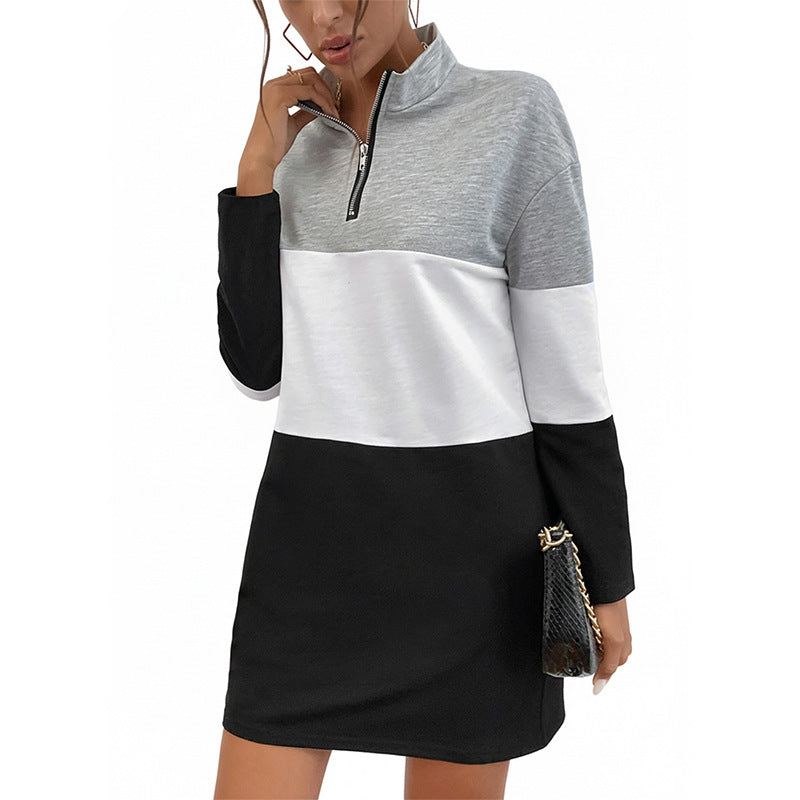 Color Block Zip Front Stand Collar Women's Sweatshirt Dress