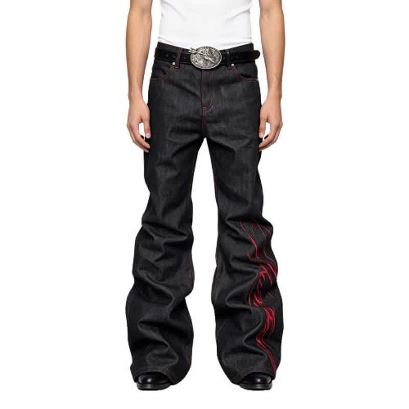 Embroidered Red and Black Flared Jeans for Men