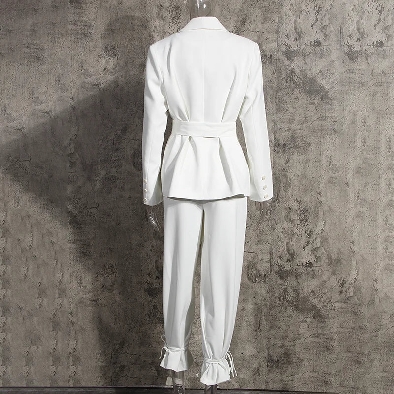 Two Piece Set Women Blazer High Waist Belt Lace-up Straight Pants Suits  New