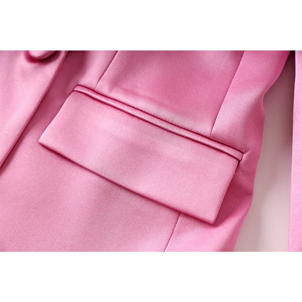Pink Satin 3PCS Blazer Sets Elegant Mini Skirt Stunning, Top Quality