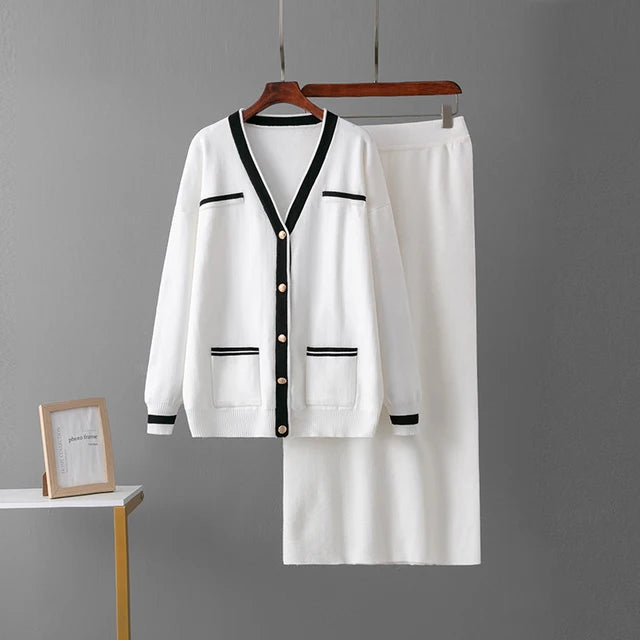 Knitted Skirt Sets, Pockets Cardigan V-Neck Sweaters Skirts Suits