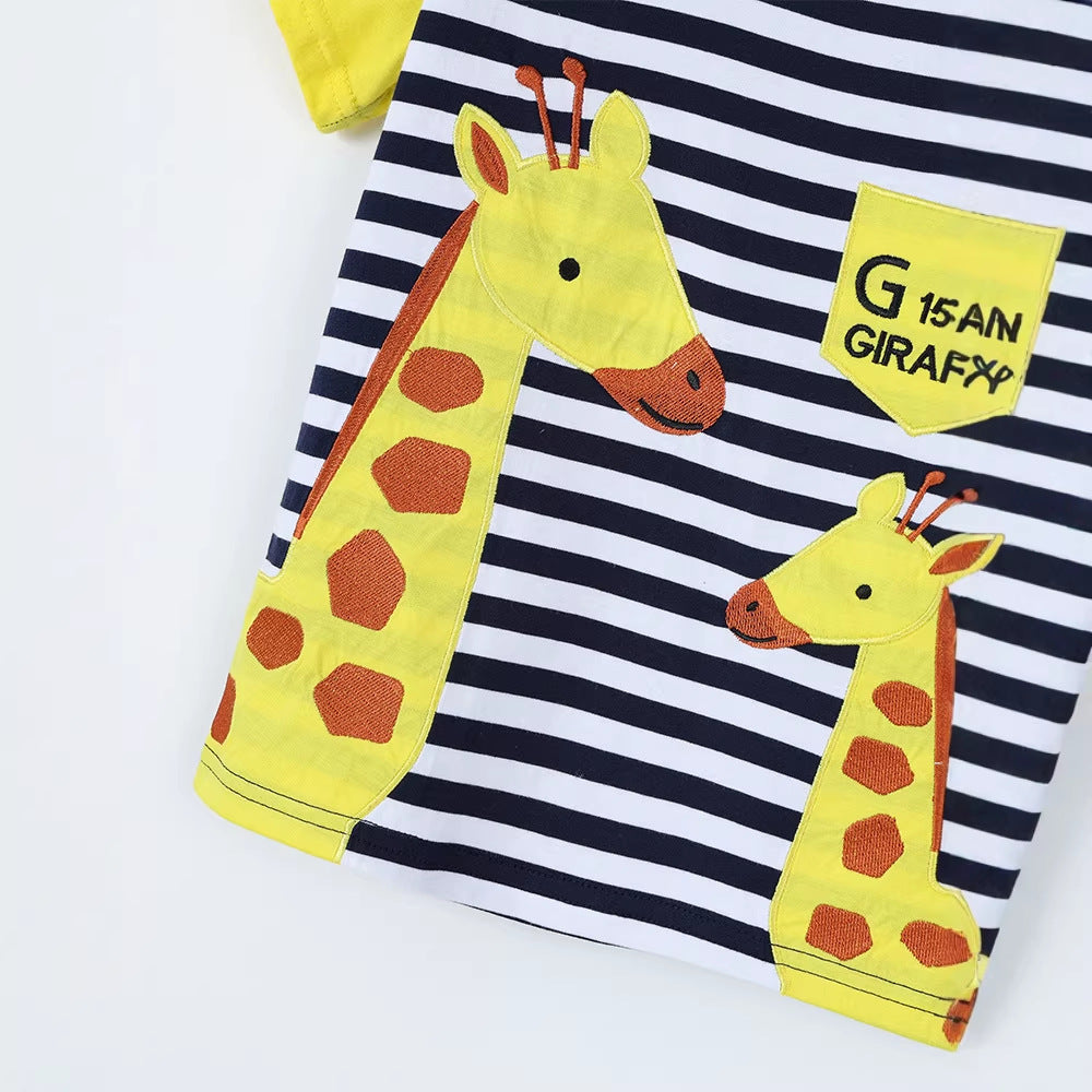 Giraffe Embroidery Kids Round Neck T-Shirt