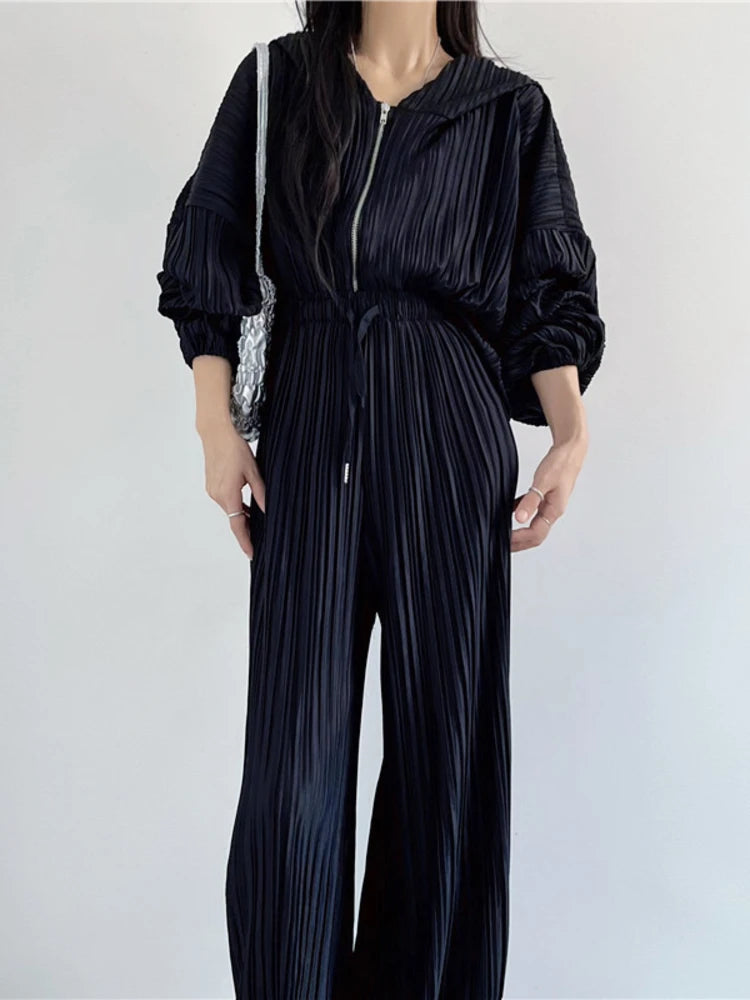 Pleated Two-piece Suits For Women V-neck Hooded Long Sleeve Jacket+High Waist Wide Leg Pants  New Tide Set