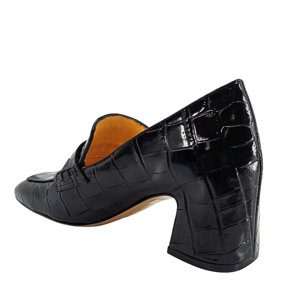 Black Leather Heel Moc Croc Leather Loafer