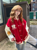 Red Embroidered Baseball Jacket for Women