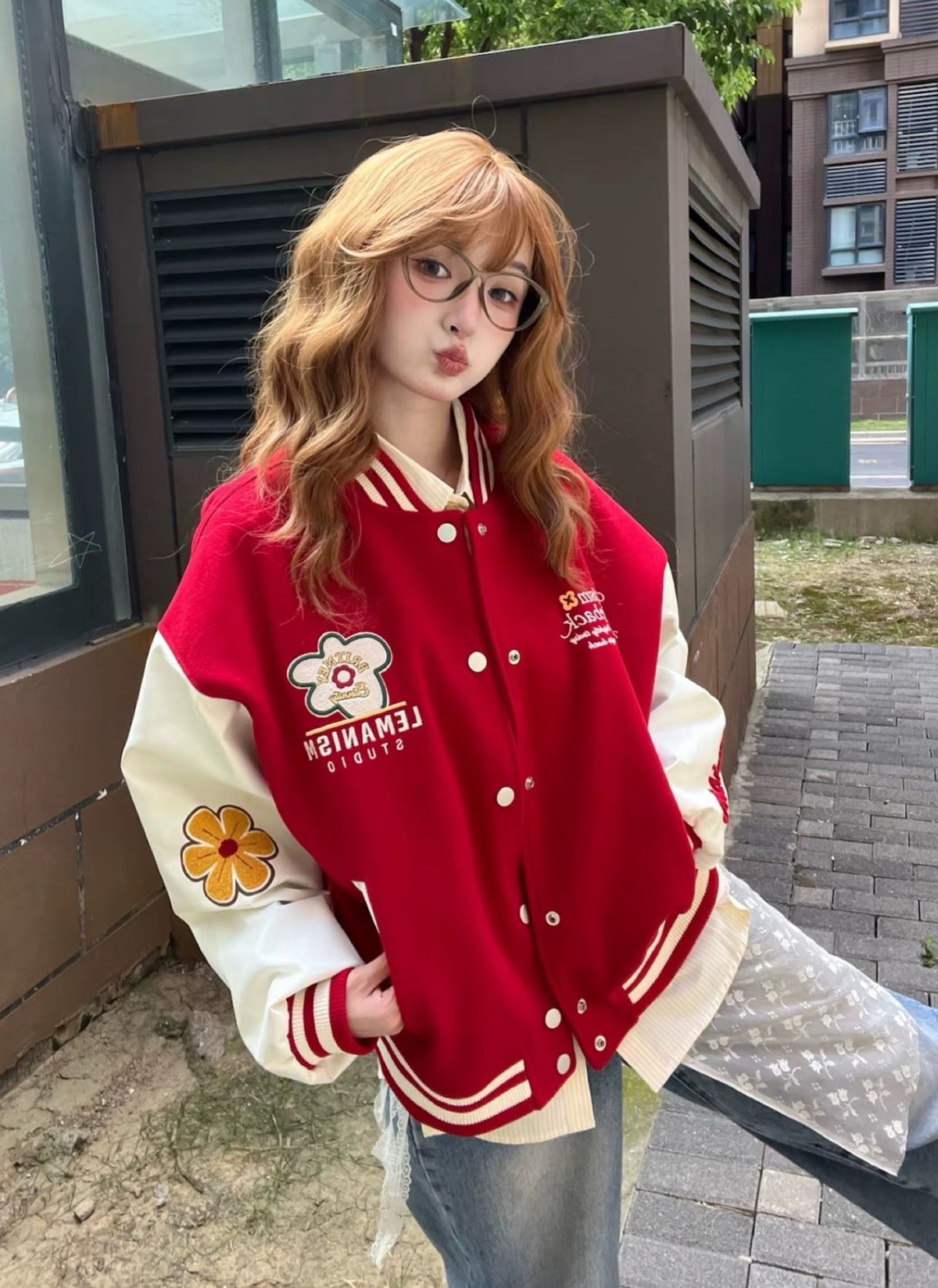 Red Embroidered Baseball Jacket for Women