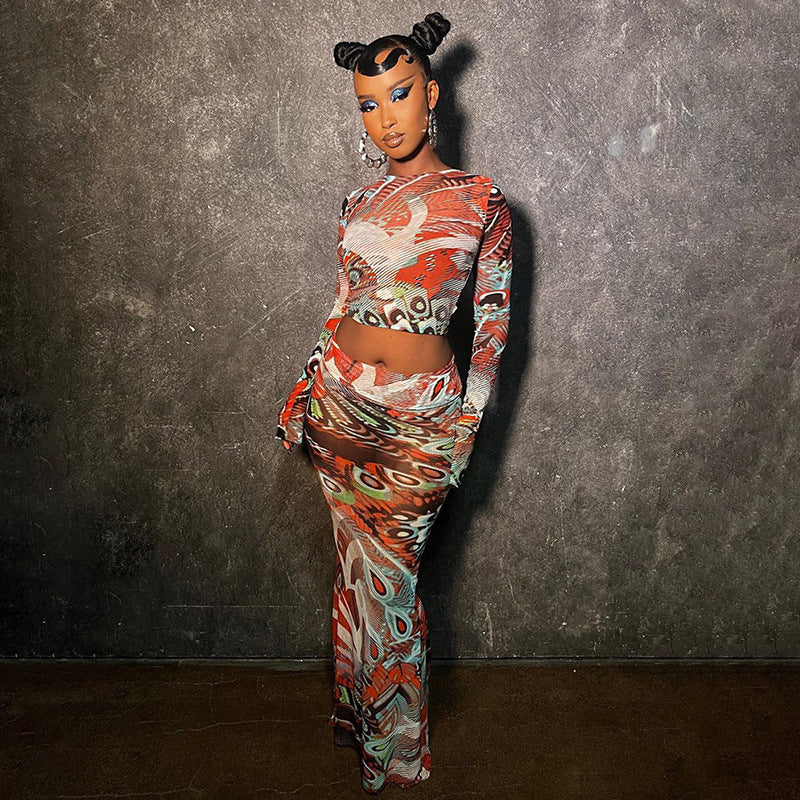 sexy mesh print see-through navel-baring long-sleeved tops and long skirt suits