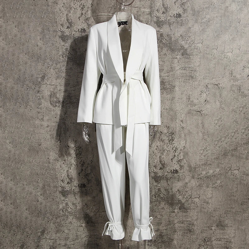 Two Piece Set Women Blazer High Waist Belt Lace-up Straight Pants Suits  New