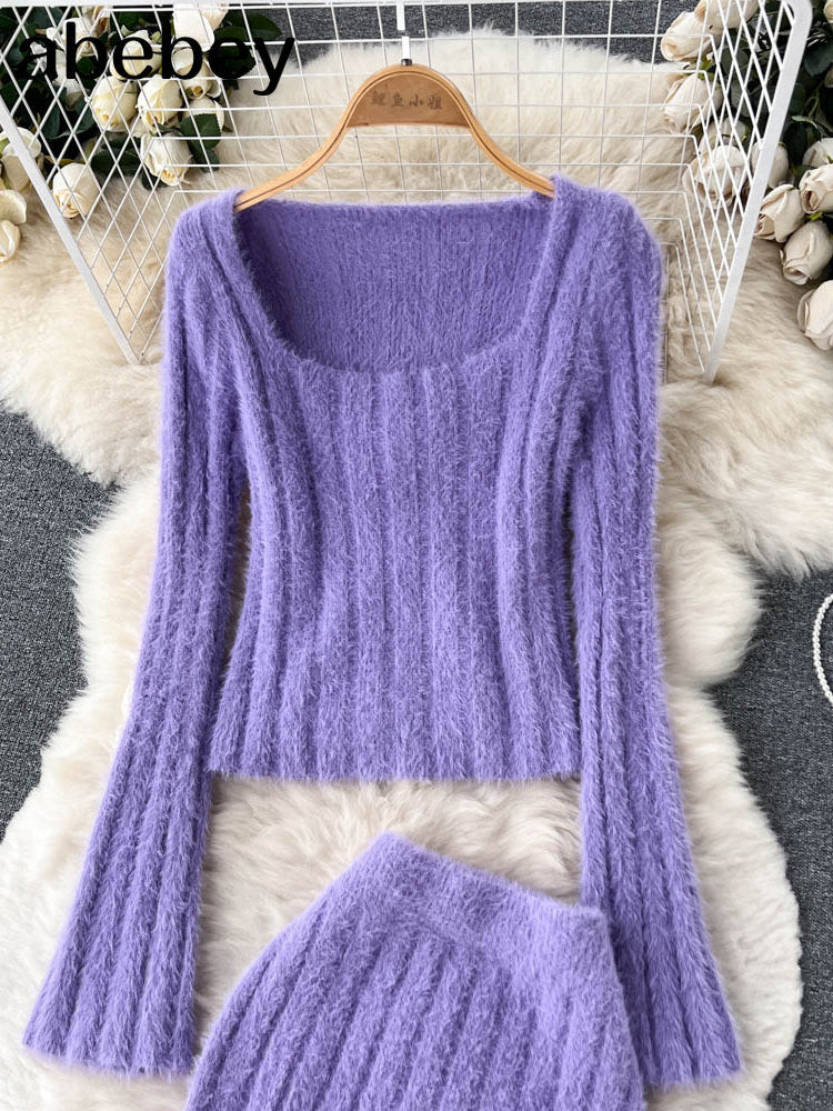 Knitted Two Pieces Suits Soft Sweater Short Top+High Waist Midi Long Skirt Suits