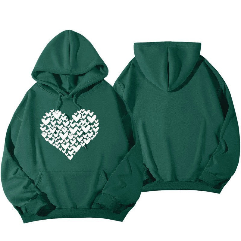 Women Heart Print Drop Shoulder Sleeve Hoodie