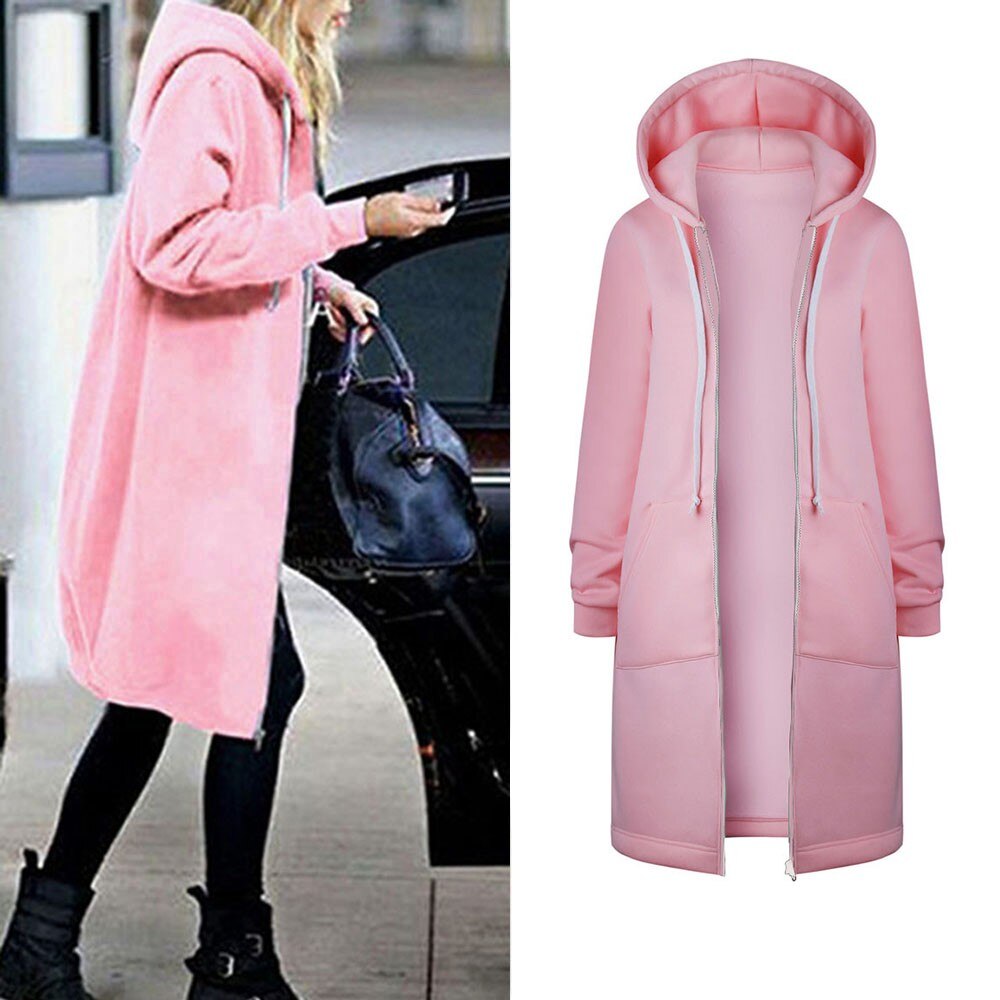 Women  Zipper Open Hoodies Sweatshirt Long Coat Jacket