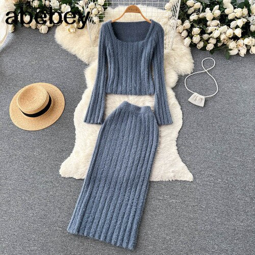 Knitted Two Pieces Suits Soft Sweater Short Top+High Waist Midi Long Skirt Suits