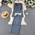 Knitted Two Pieces Suits Soft Sweater Short Top+High Waist Midi Long Skirt Suits