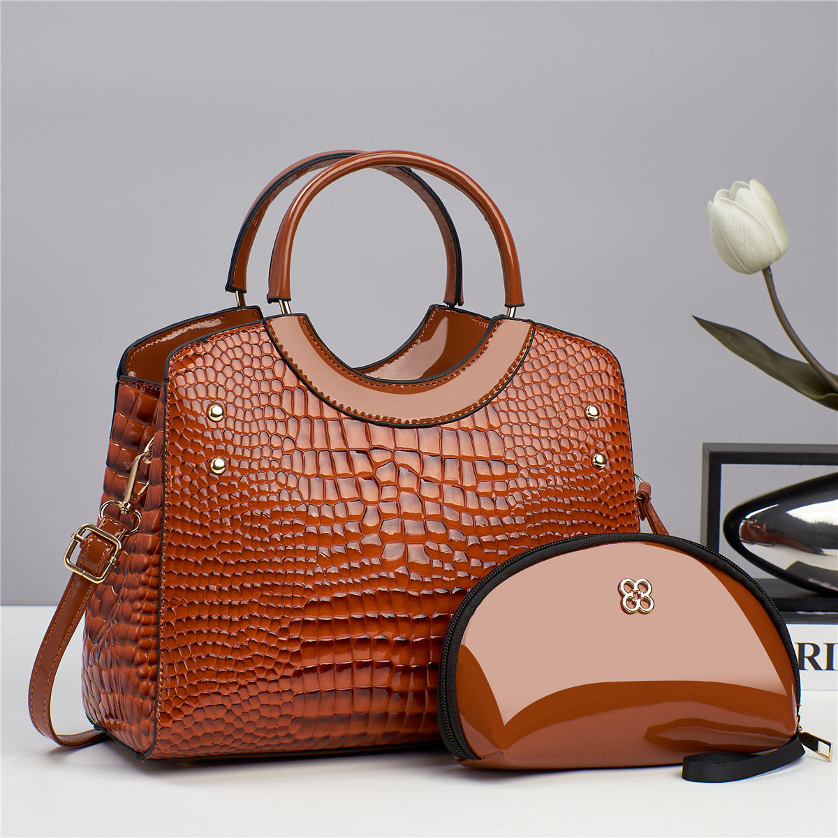 Snake patterned mother and child bag shiny leather  bag
