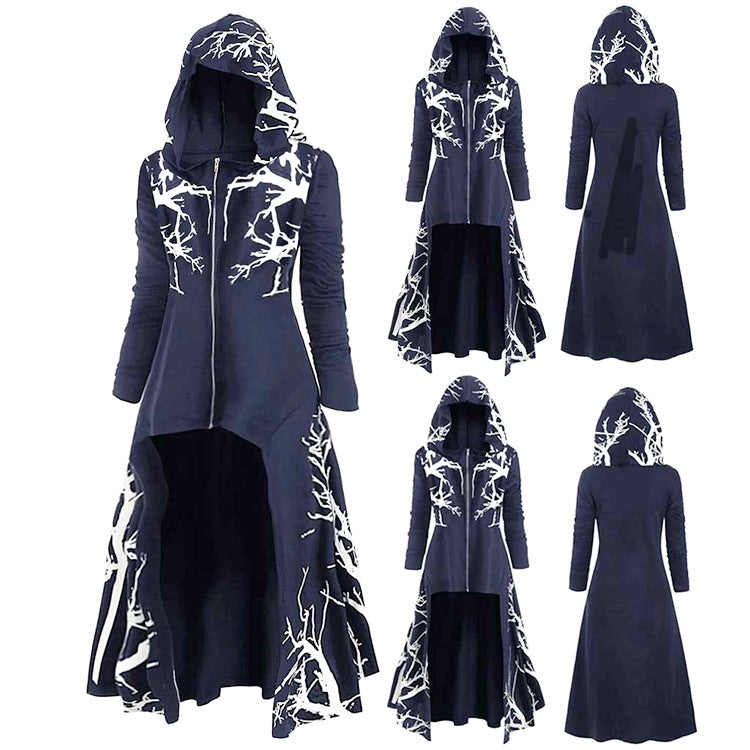 Cloak with Hood Irregular Hem Printed Long Sleeve Coat