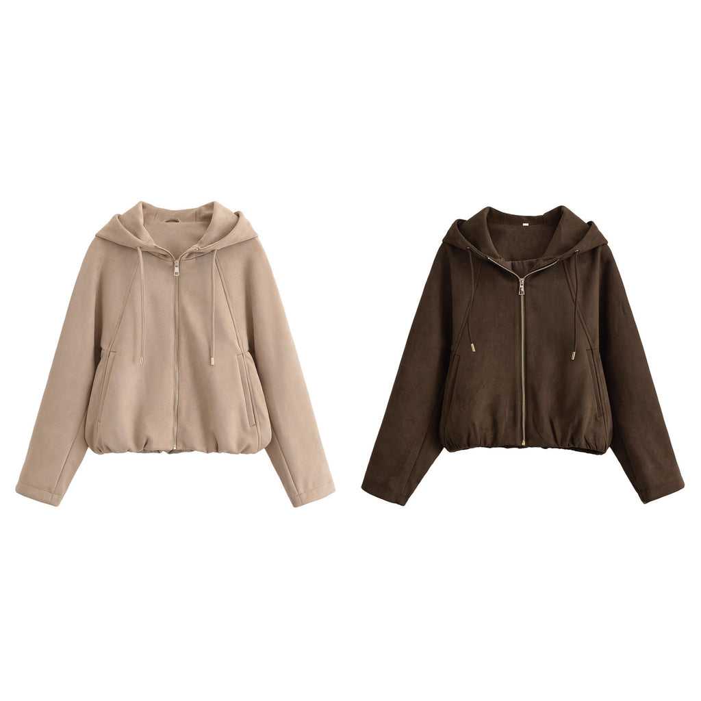 Hooded solid color zipper baseball jacket for women