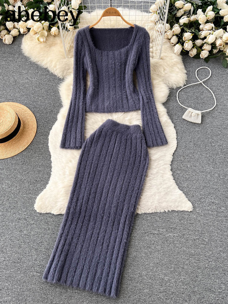 Knitted Two Pieces Suits Soft Sweater Short Top+High Waist Midi Long Skirt Suits