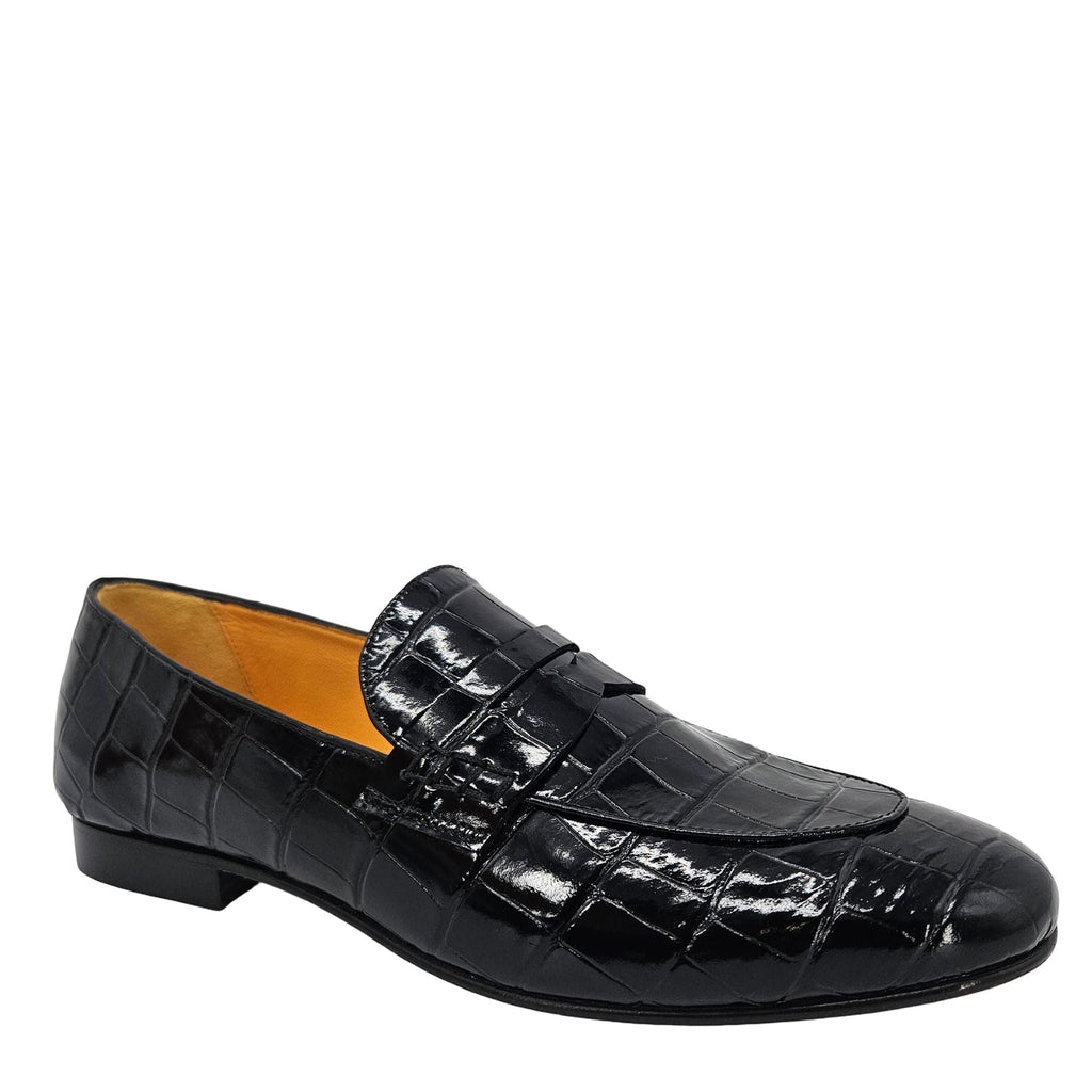 Black Leather Flat Moc Croc Leather Loafer