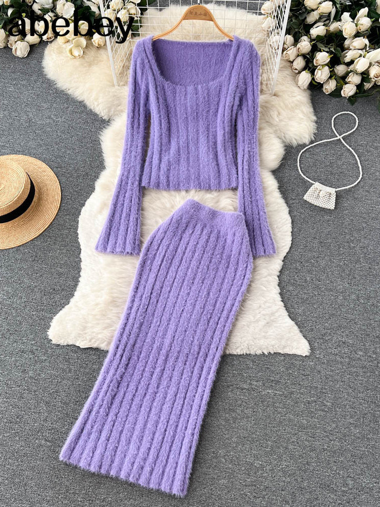 Knitted Two Pieces Suits Soft Sweater Short Top+High Waist Midi Long Skirt Suits