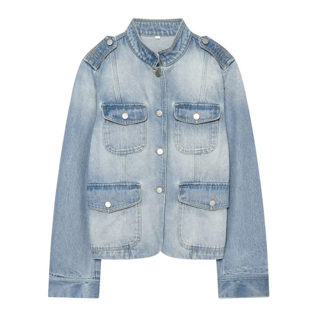 Button up stand collar denim jacket for women