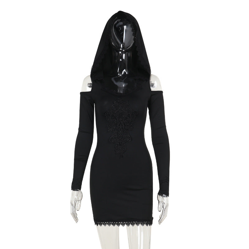 Bodycon Dress with Hood and Lace Trim, Long Sleeve