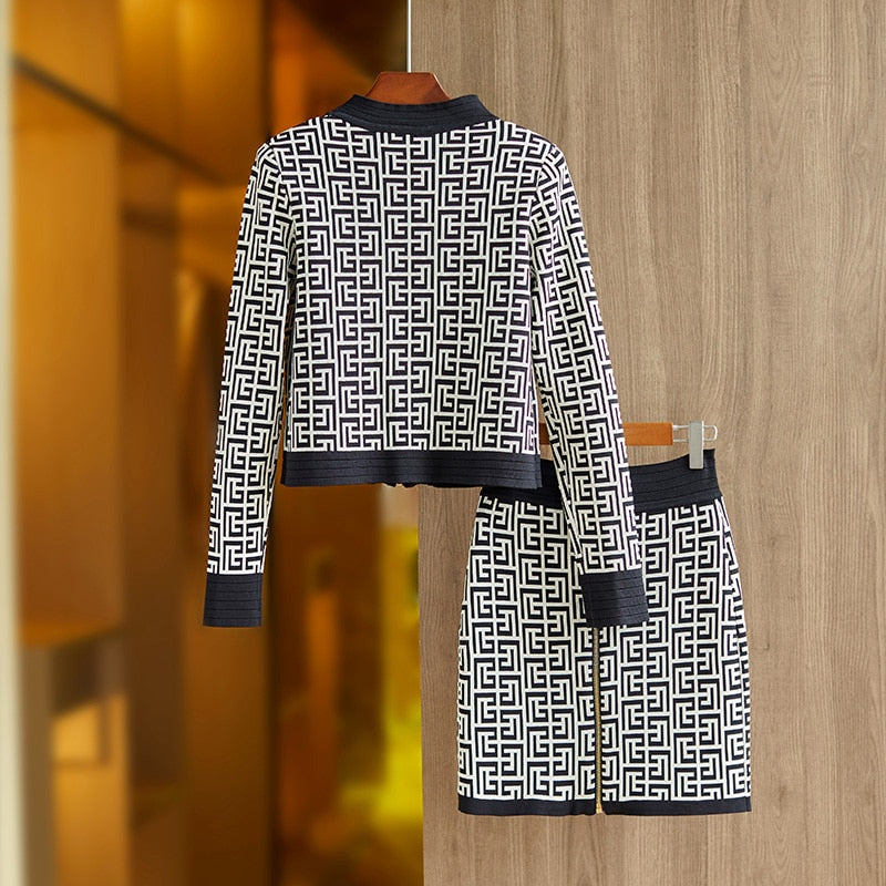 Elegant Texture Pattern Elastic Knitted Casual Women 2 Pieces Skirt Sets Sweater Jacket Suits