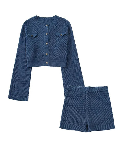 Metal Buttons Long Sleeve Sweater Cardigan Crop Top Female Shorts 2 Piece Sets New