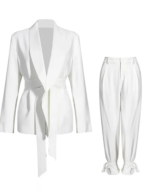 Two Piece Set Women Blazer High Waist Belt Lace-up Straight Pants Suits  New