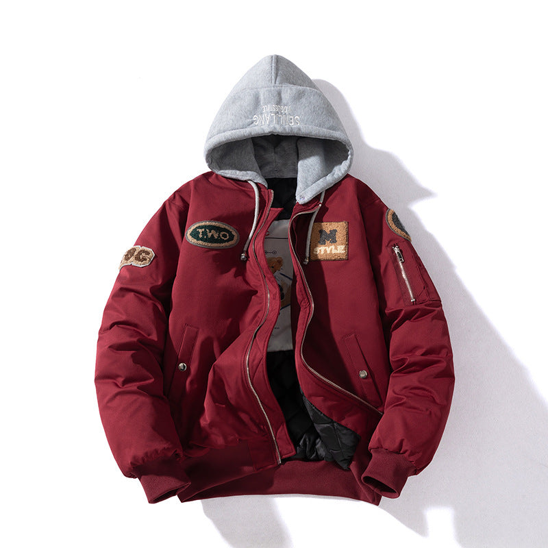 Women Towel Fleece Embroidery Padded Hooded Thick Flight Jacket