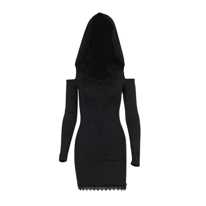 Bodycon Dress with Hood and Lace Trim, Long Sleeve