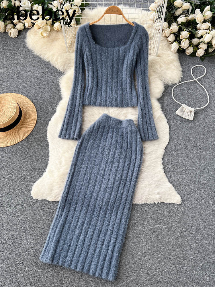 Knitted Two Pieces Suits Soft Sweater Short Top+High Waist Midi Long Skirt Suits