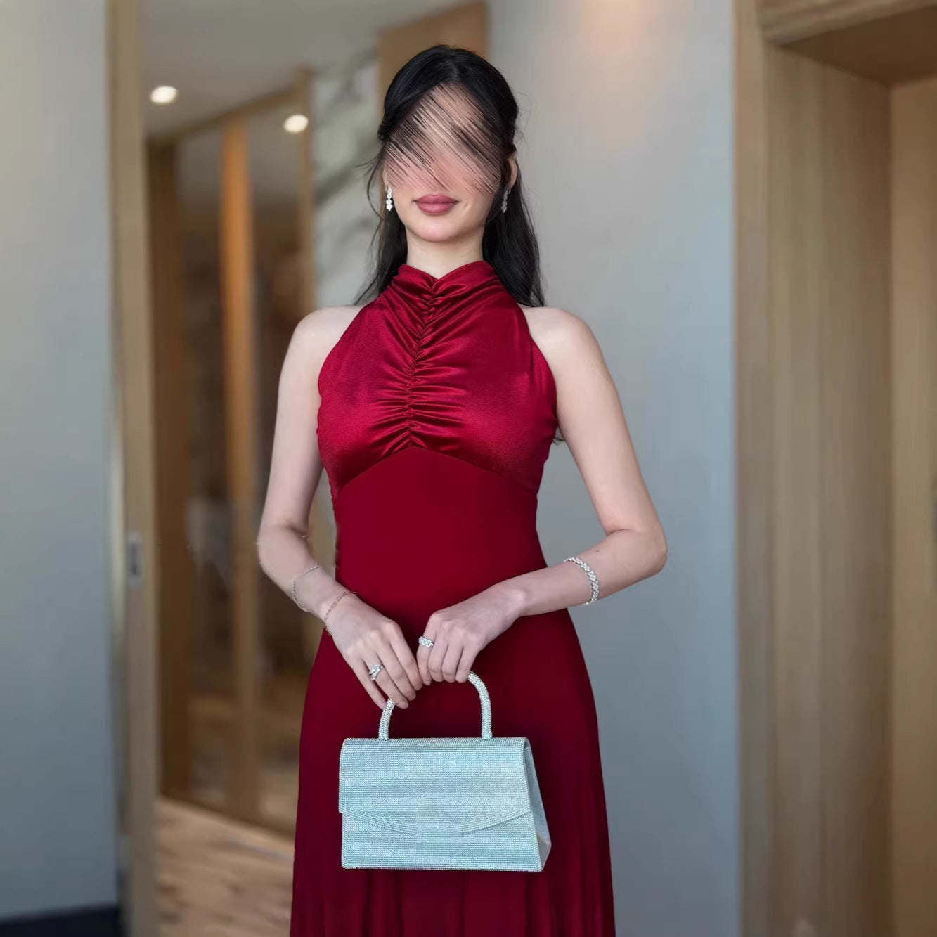 Elegant Red Satin Evening Dress. New High-End Wedding Guest Dress,