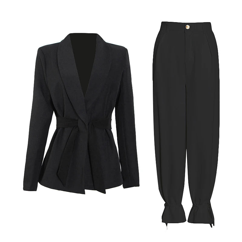 Two Piece Set Women Blazer High Waist Belt Lace-up Straight Pants Suits  New