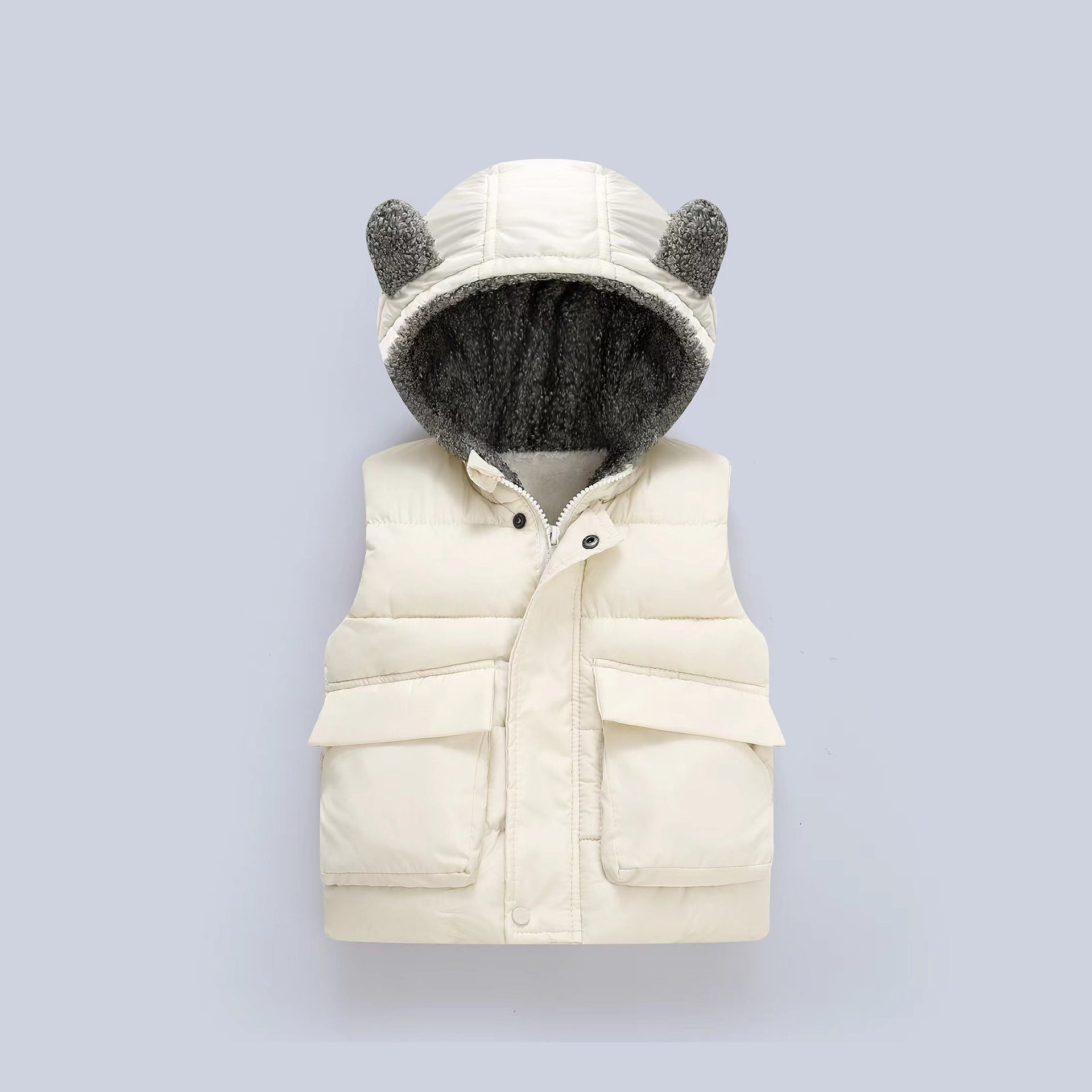 Fleece-Lined , Solid Color Hooded Kids Sleeveless Vest