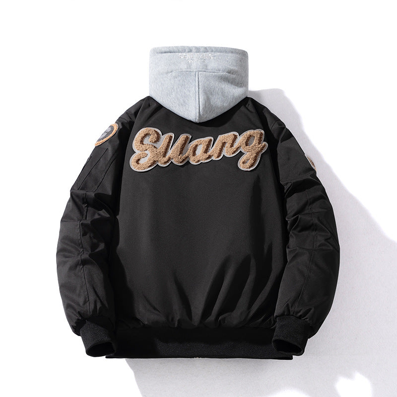Women Towel Fleece Embroidery Padded Hooded Thick Flight Jacket