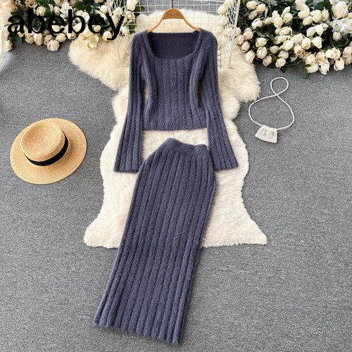 Knitted Two Pieces Suits Soft Sweater Short Top+High Waist Midi Long Skirt Suits