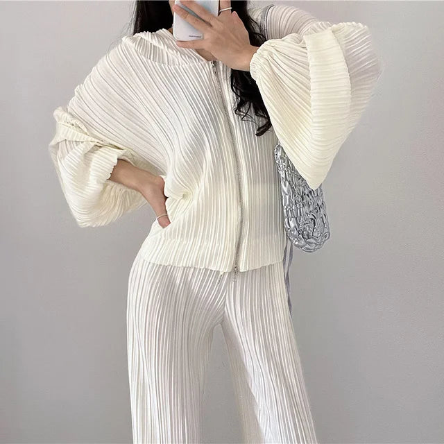 Pleated Two-piece Suits For Women V-neck Hooded Long Sleeve Jacket+High Waist Wide Leg Pants  New Tide Set