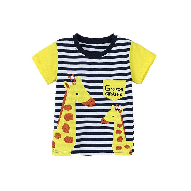 Giraffe Embroidery Kids Round Neck T-Shirt