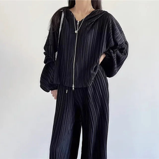 Pleated Two-piece Suits For Women V-neck Hooded Long Sleeve Jacket+High Waist Wide Leg Pants  New Tide Set