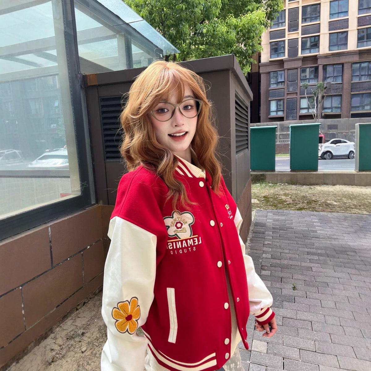 Red Embroidered Baseball Jacket for Women