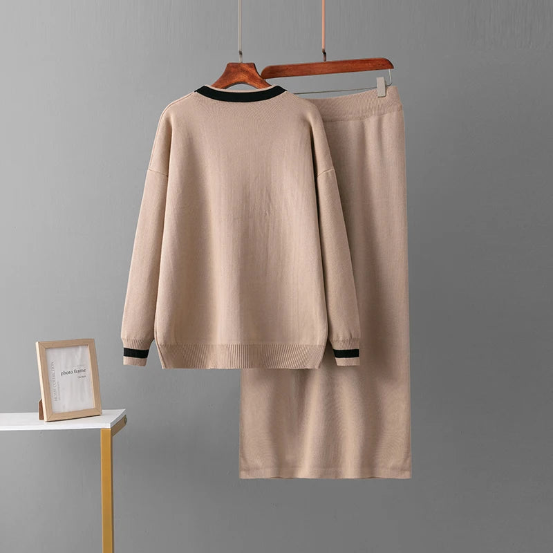 Knitted Skirt Sets, Pockets Cardigan V-Neck Sweaters Skirts Suits